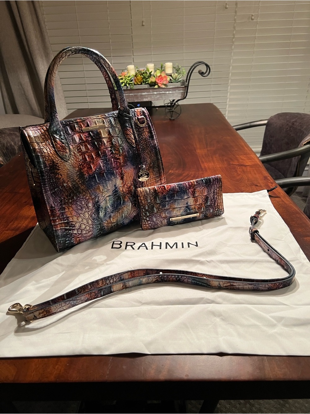 Brahmin Multicolor Croc-Embossed Satchel with Matching Wallet